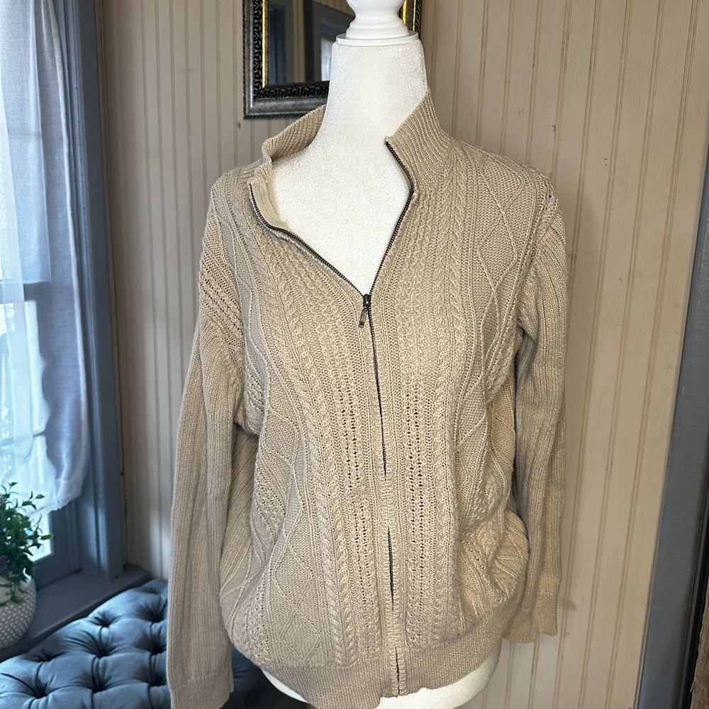 Van Heusen Cable Knit Full Zip Sweater Ramie Cotton Beige Zip Neck Size M